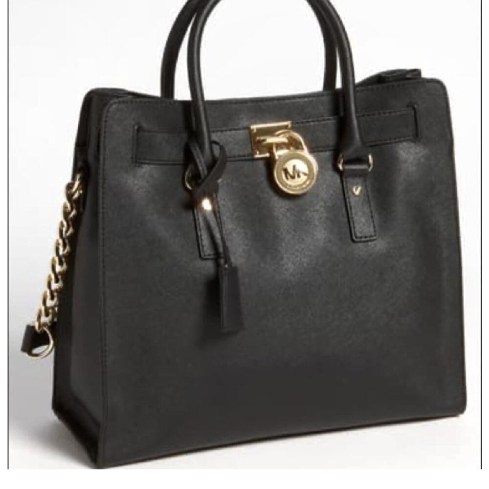 Michael Kors Hamilton Large Saffiano Leather Black Satchel Bag Gold Chain Purse